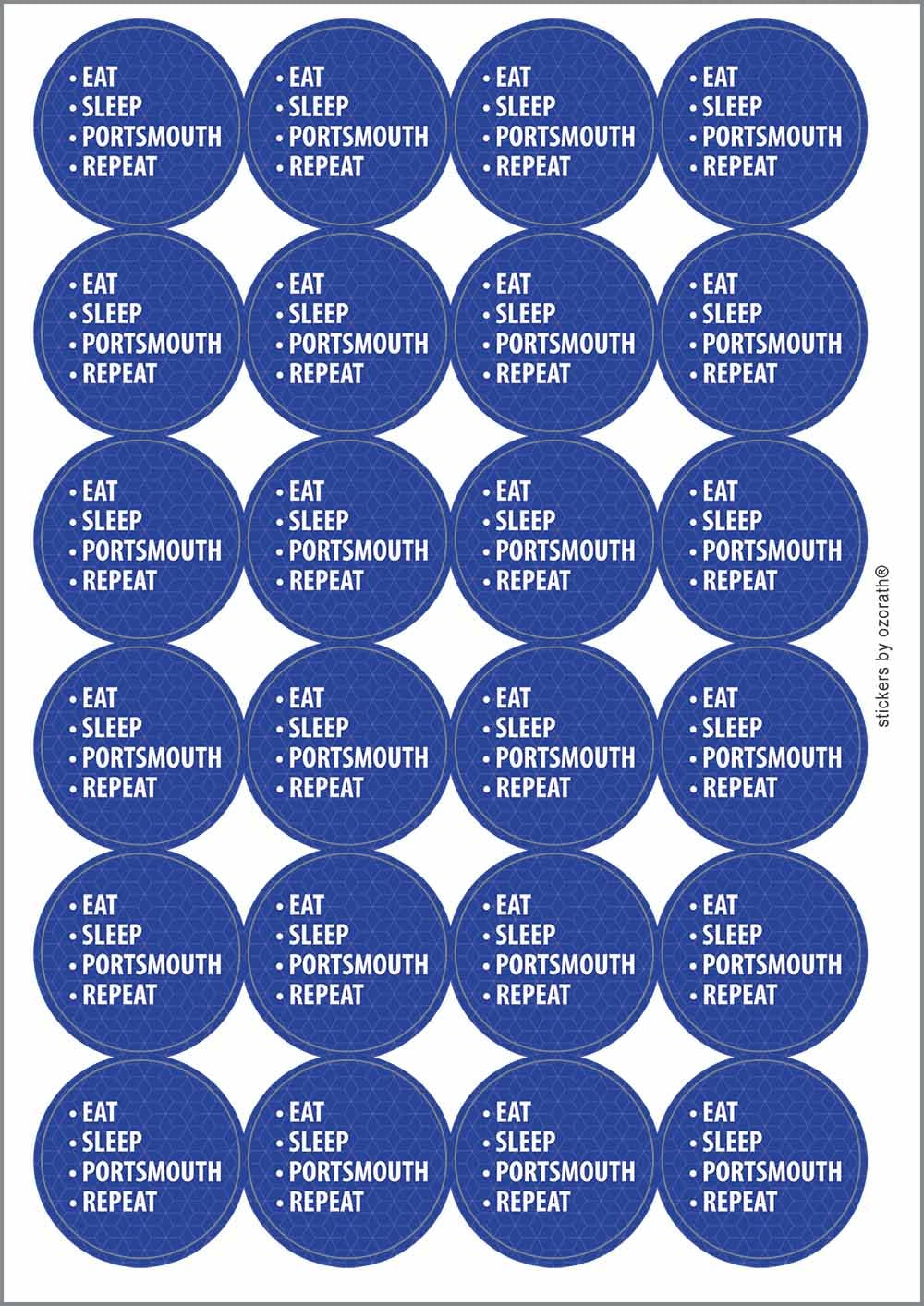 Eat Sleep Portsmouth Repeat Circular Matt Paper Stickers A4 Sheet of 24 (Each Sticker is 45mm Diameter)