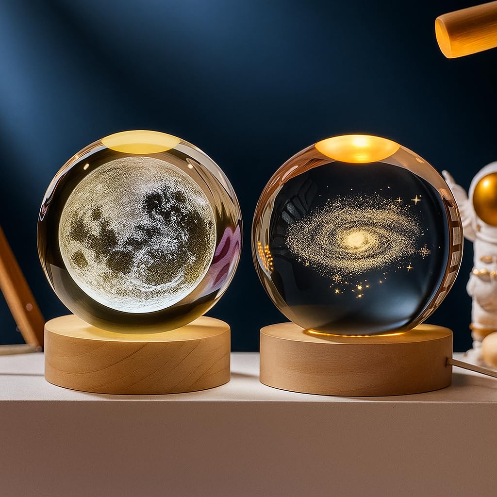 One94Store Moon and Galaxy 3D Crystal Ball Night Lamp Combo | USB-Powered K10 Crystal LED Lights with Wooden Base | Ideal Gift for Home, Bedroom & Nature Lovers (Combo)