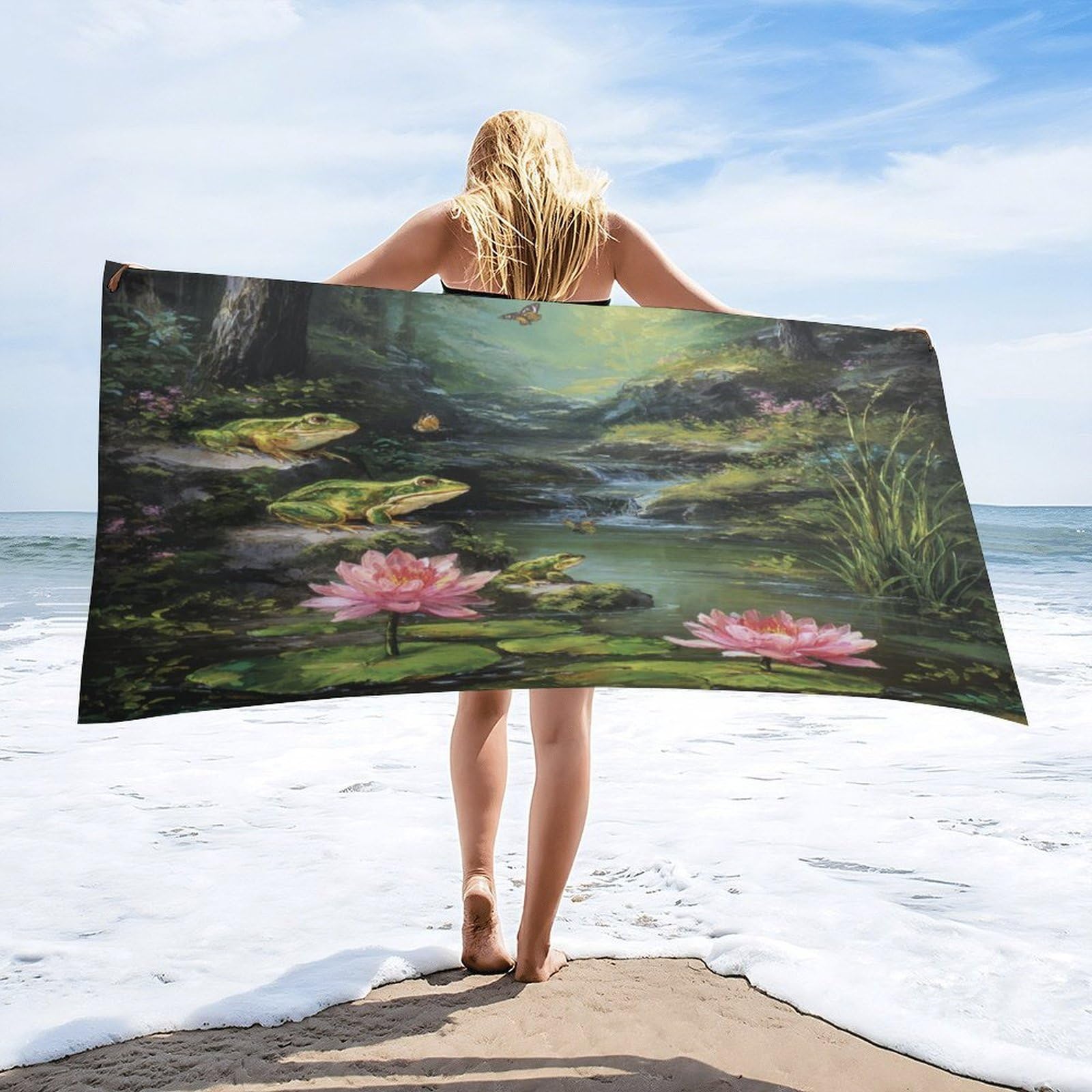Luyysky Vintage Modern Cute Frog Quick-Drying Beach Towel, Retro Oil Painting Spring Garden Animal Butterflies Plant Lotus Floral Travel Vacation Single Sided Pile Bathroom Towels-80 W Cm X 160" L Cm