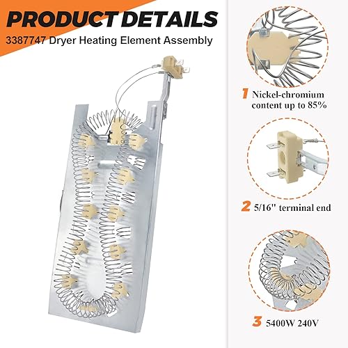 Miniatura 2 de Elemento calefactor de secadora W11344457 3387747 de Beaquicy  Adecuado para Whirlpool Kenmore elite he490 serie elemento calefactor Ajuste exacto