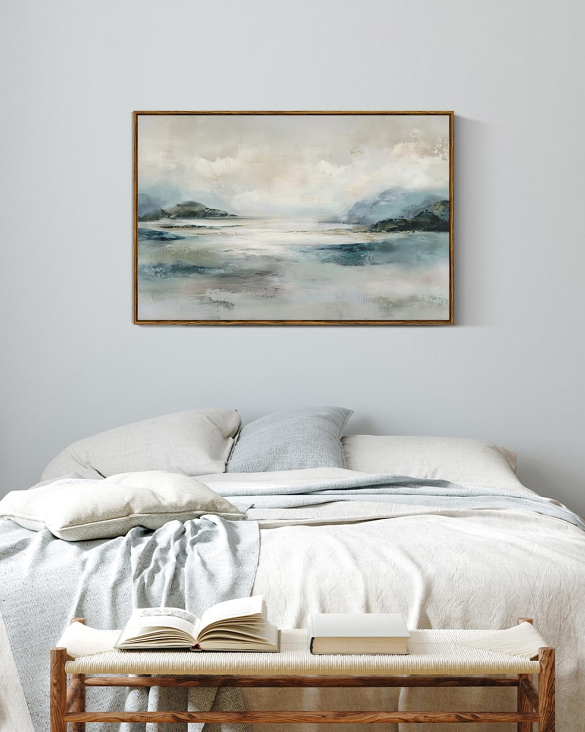 VIYYIEA Large Framed Canvas Wall Art, 24x36 Inch Abstract Coastal Landscape Art Print, Soft Blue and Green Neutral Ocean Wall Decor for Living Room Bedroom Home Office