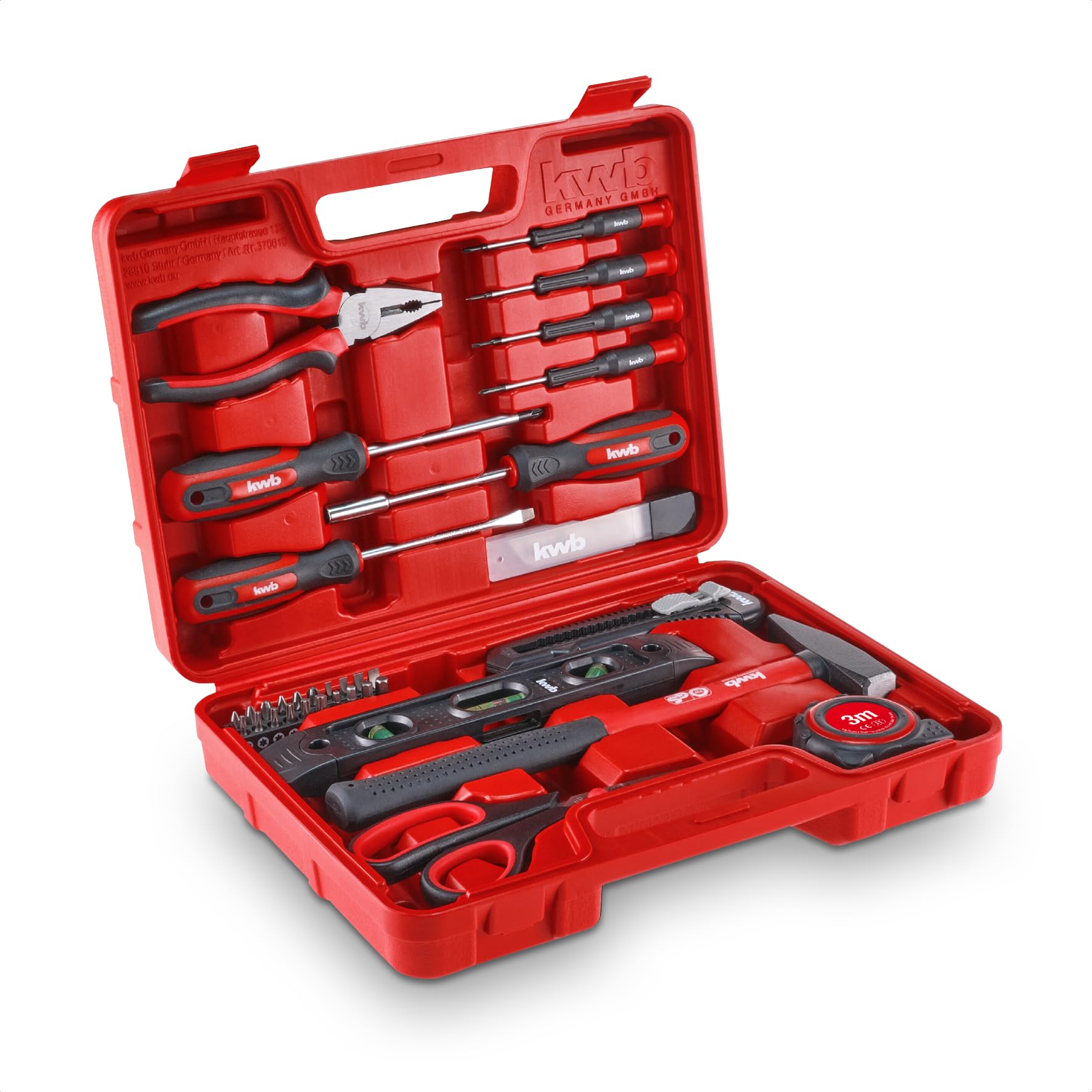 kwb Tool Case, 35-Piece, Tool Set, Tool Box (Basic Equipment for The Household with Screwdrivers, Bits, Pliers, Tape Measure, Hammer, Scissors, Spirit Level, Snap-Off Blade Knife, etc.)