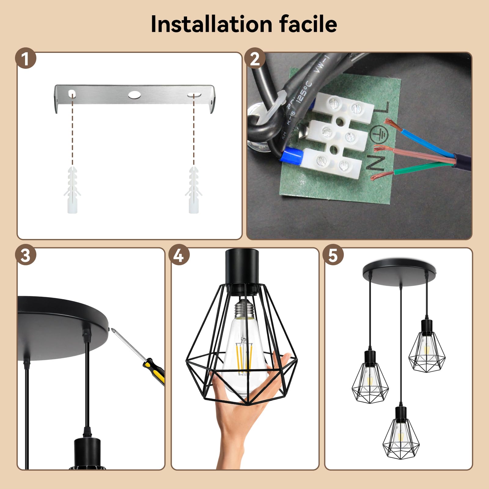 HiBay Suspension luminaire,Luminaire Industrielle Plafonnier 3 Lampes E27 Plafonnier Luminaire Design Métal Cage pour Restaurant Salon Chambre Cuisine Bar Couloir (sans ampoule)