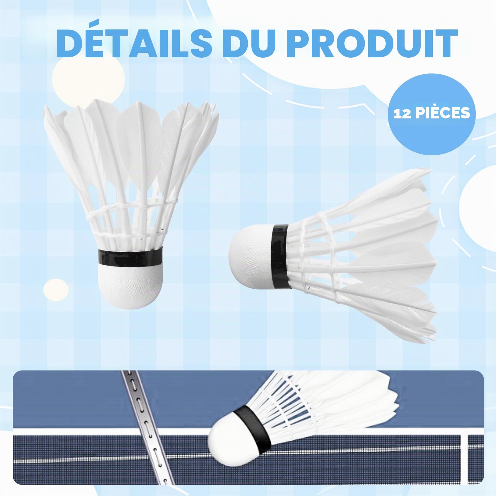 Nizirioo Lot de 12 balles de badminton : volants en plumes d'oie avec tête en liège, entraînement sportif à haute vitesse pour le jardin, volant de badminton en plume d'oie pour le sport extérieur et
