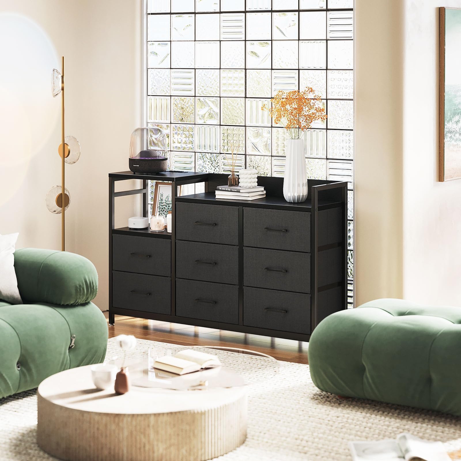 ODK TV Stand with Charging Station, 52'' Long TV Stand for Living Room TV Stand with 8 Drawers, Black