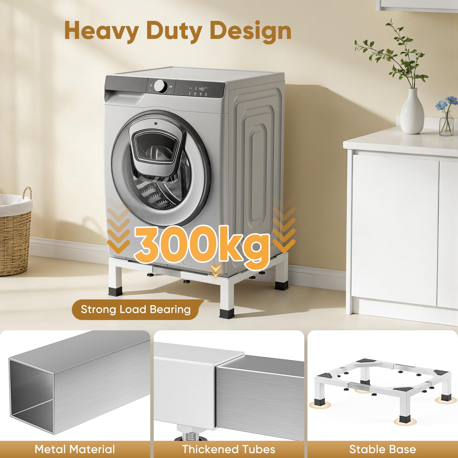 Universal Waschmaschinenbasis, Basis für Waschmaschine Kühlschrank Max 300KG, Verstellbare Breite 43-65cm Waschmaschinenbasis, 16CM Hohe Möbelbasis für Kühlschrank, Trockner und Gefrierschrank