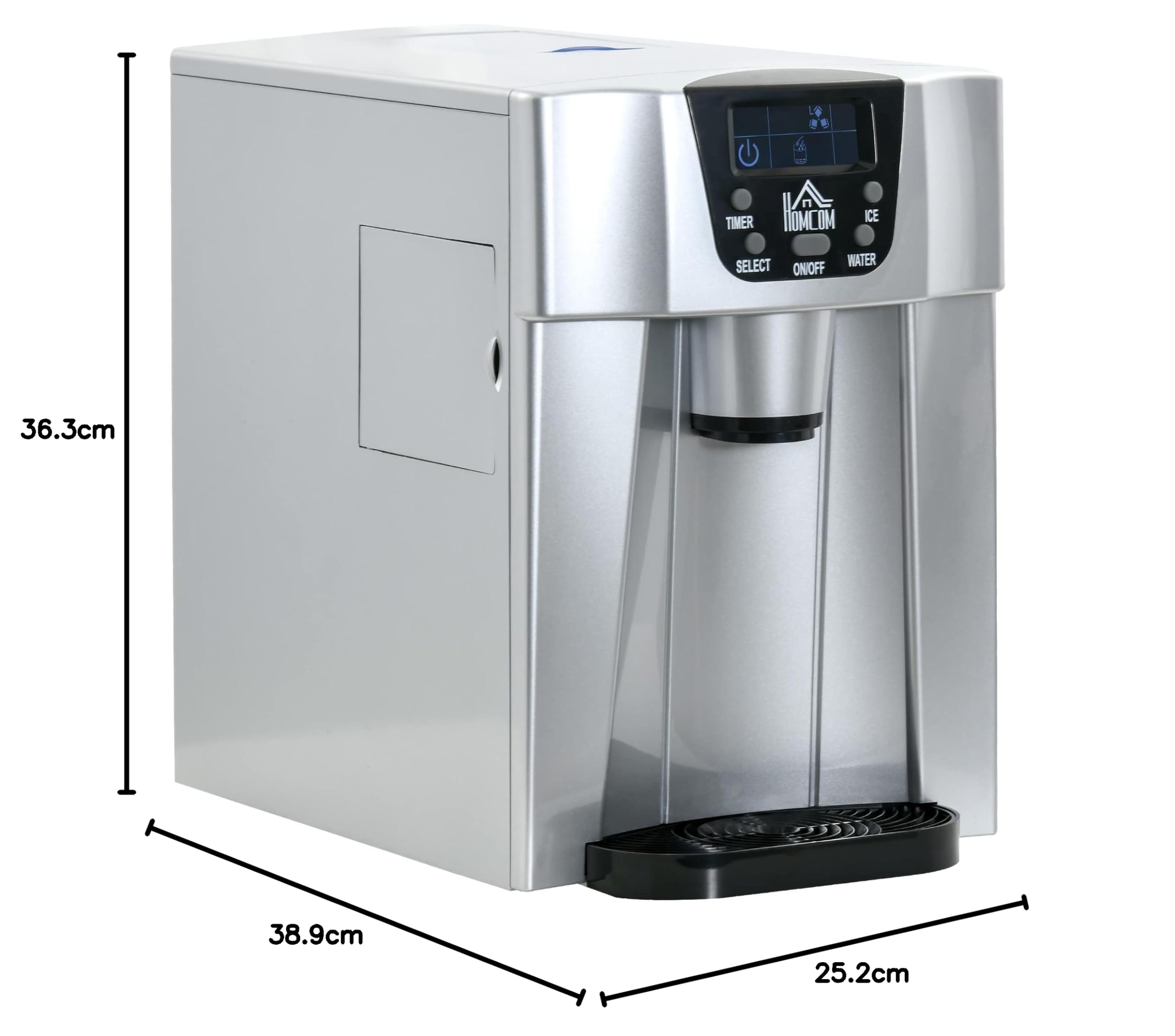 HOMCOM Macchina per cubetti di ghiaccio, 9 cubi, pronta in 6-10 minuti, 12 KG/24 H, stazione d'acqua con serbatoio d'acqua da 3 l, per cucina, ufficio, bar e feste, argento