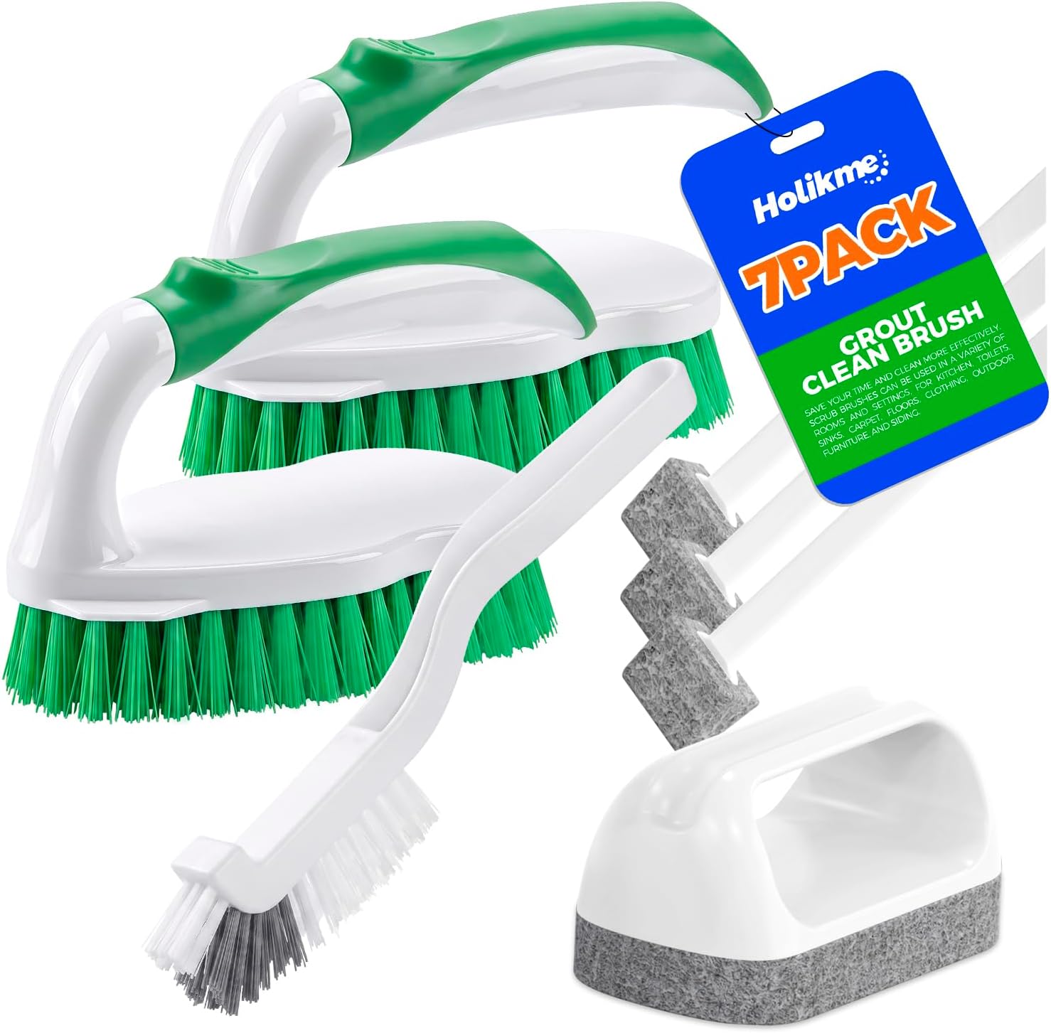 Holikme 7 Pack Cleaning Brush Scrub Brush Kitchen Brush for Floor,Green | Deep Cleaning Brush Set, Scrub Pads with Scraper Tip for Pool Walls, Bathroom, Grout, Floor, Bike, Tub, Shower