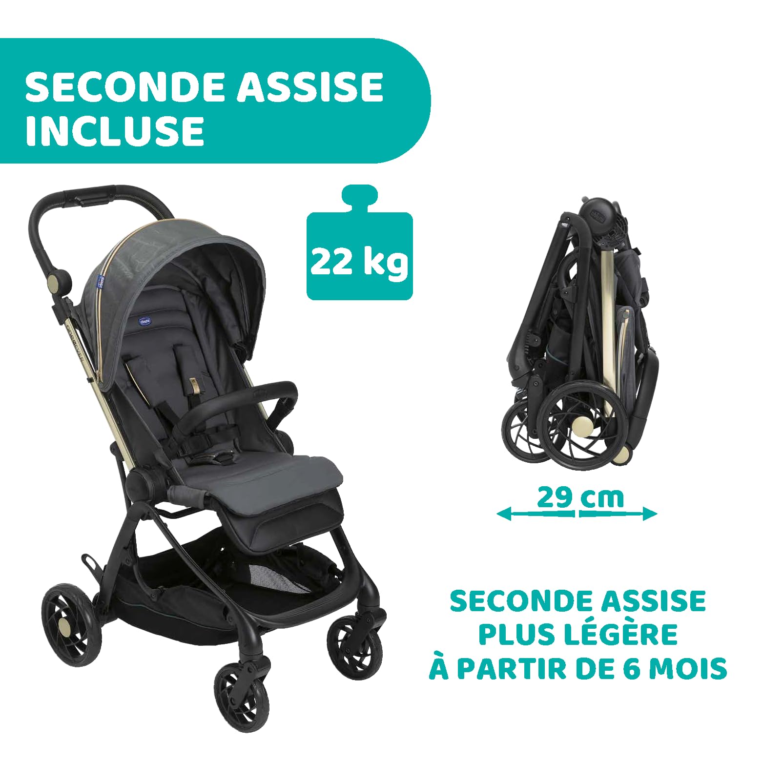 Chicco One4Ever Poussette Légère et Compacte de 0 Mois à 4 ans,Capacité de Charge Maximale de 22 kg,Poussette Pliable,Dossier Inclinable,Fermeture Automatique en 1 étape