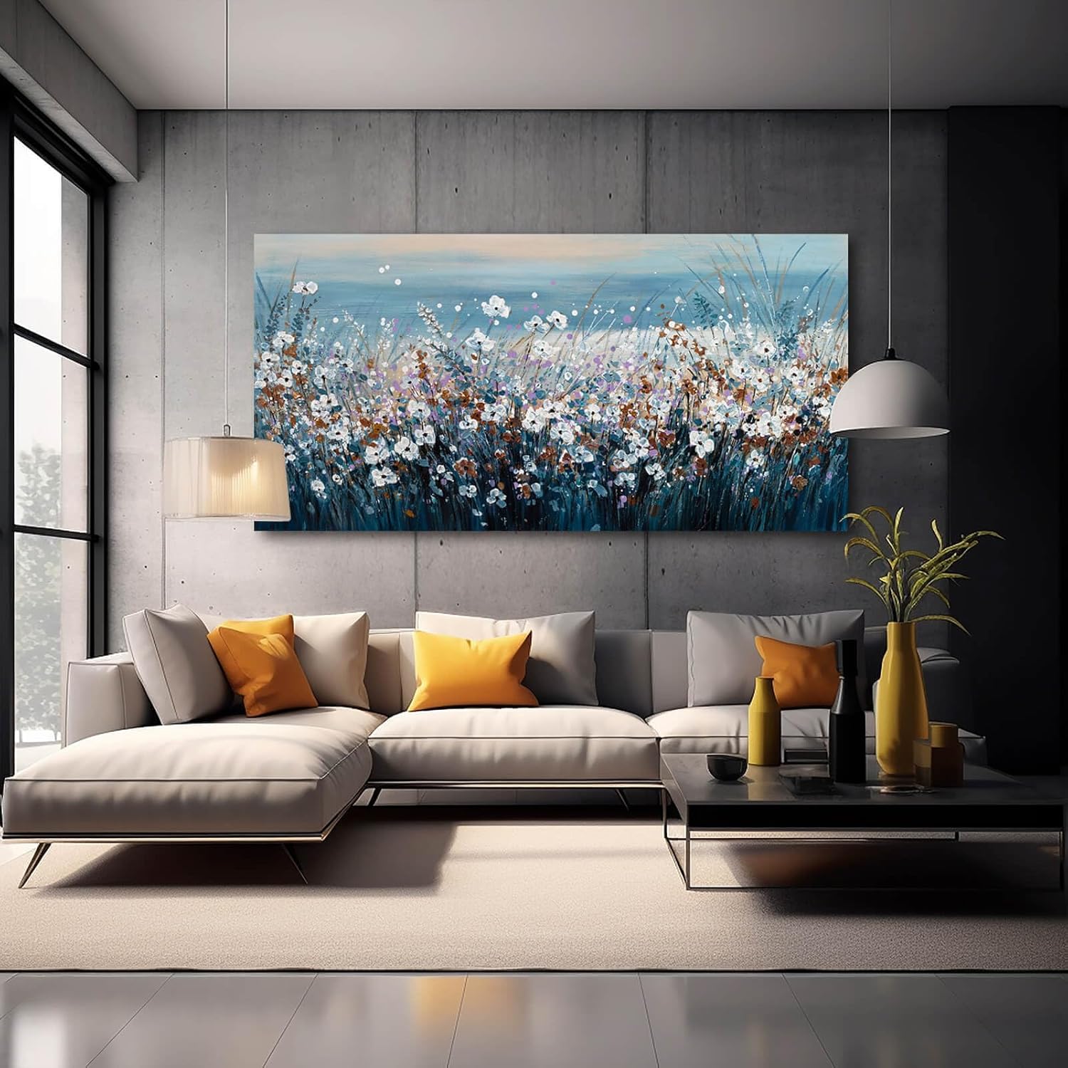 Blue Pictures Wall Decor Ocean Landscape Framed Wall Prints for Living Room Floral Wall Art Office Posters for Room Decor 29x58 Inch Hotel Art