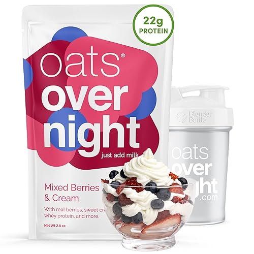Oats Overnight - Mezcla de bayas y crema - 0.8 onzas de proteína, batido de desayuno alto en fibra - Sin gluten, avena sin OMG (2.8 onzas por