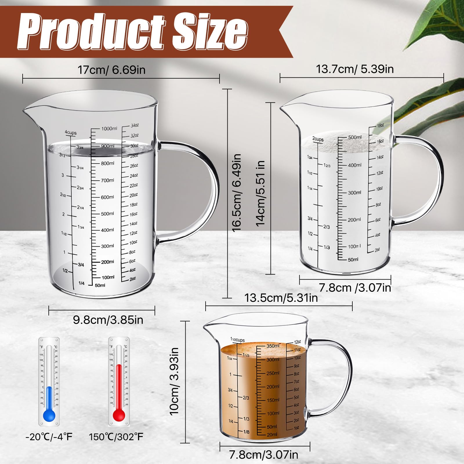 Paquete de 3 tazas medidoras de vidrio, 1 taza, 2 tazas, jarras medidoras de 4 tazas con mango y boquilla en forma de V, 3 escalas (oz, taza, ml), taza medidora de vidrio de borosilicato alto