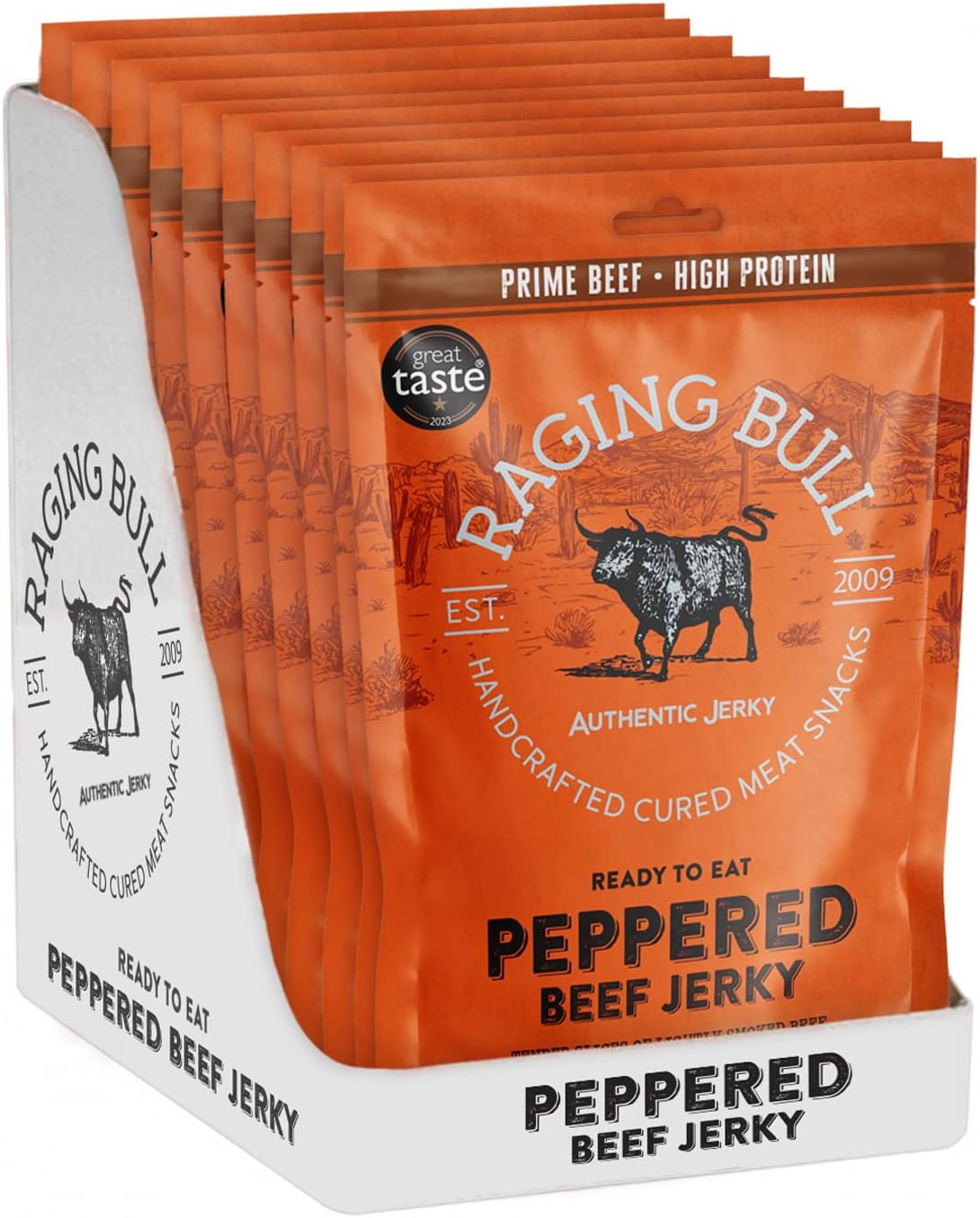 Raging Bull 280g Peppered Beef Jerky - 10 x 28g Pack - High Protein Snacks - Grass Fed Beef Jerky - Low Carb Keto Snacks - MSG Free Carnivore Snacks - Jerky Gift Set - Natural Meat Snacks