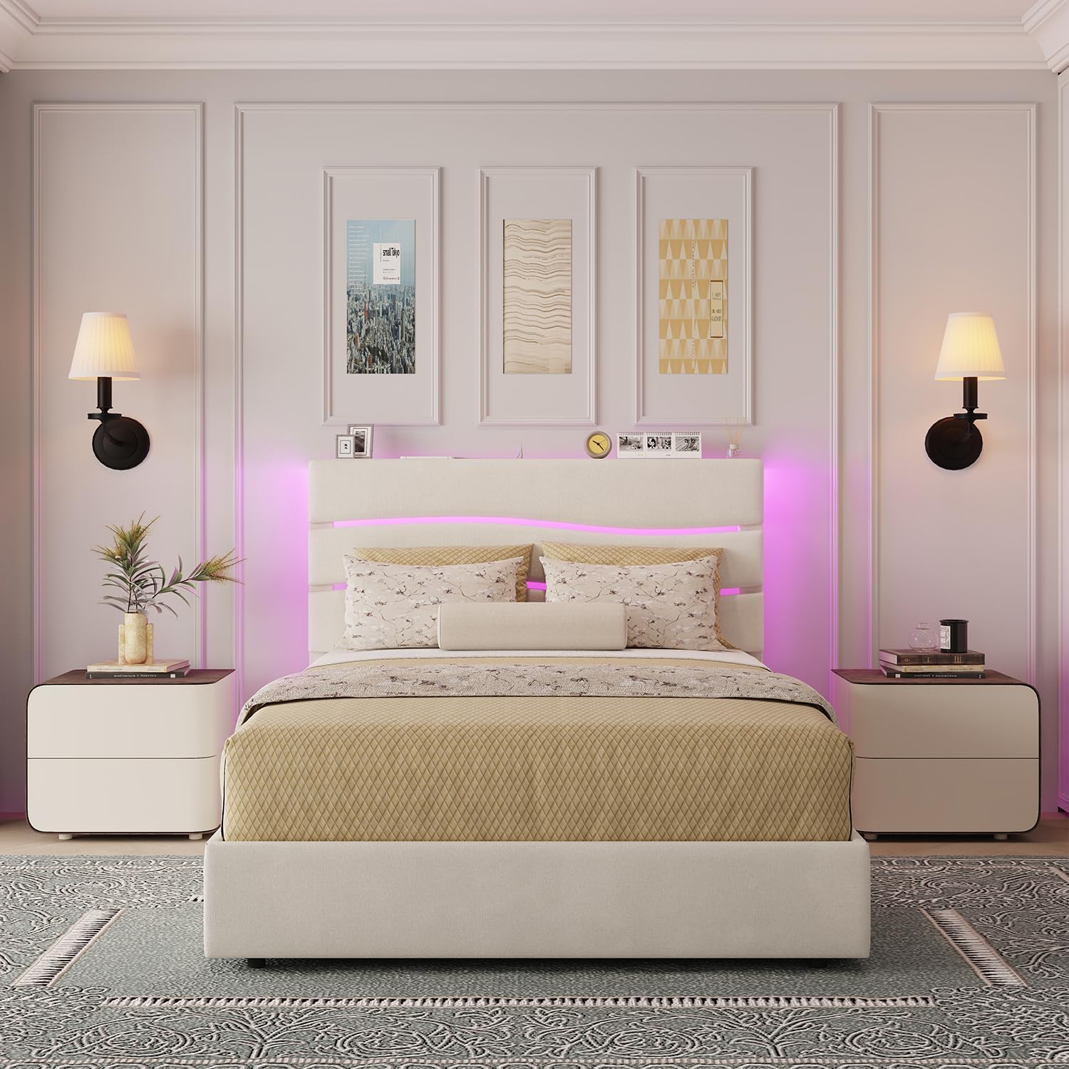 Queen Bed Frame with Headboard - Fabric Upholstered Headboard, Wooden Slatted Supports, Built-in Charging Station & LED Lights, No Box Spring Required, Easy to Install, Beige