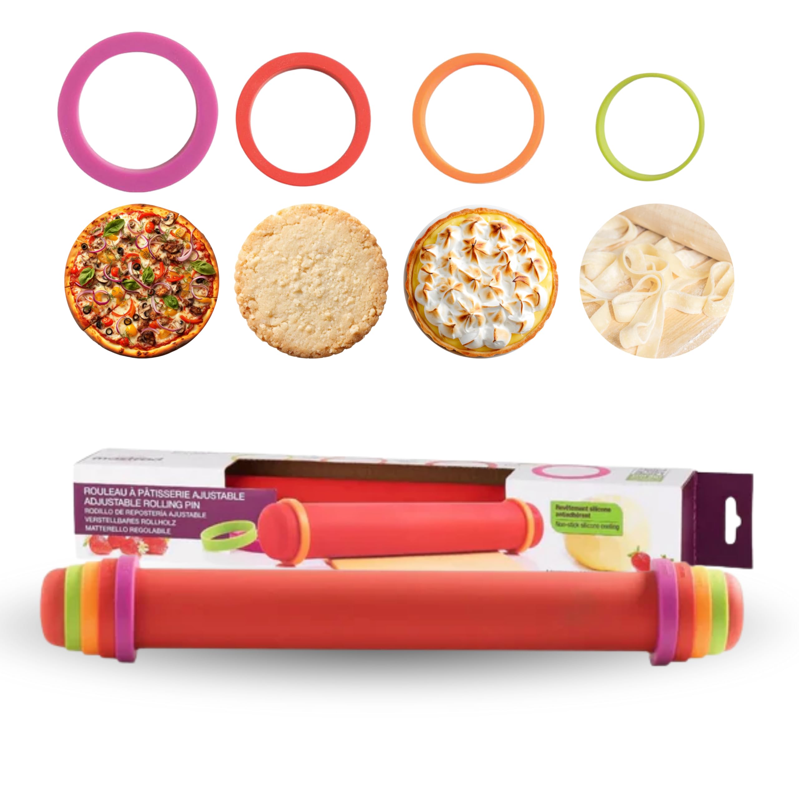 Mastrad – Rouleau à Pâtisserie Ajustable en Silicone Rouge – 4 Anneaux Réglables (2, 4, 6, 8 mm) – Revêtement 100 % Silicone – Corps Inox – Antidérapant & Facile à Nettoyer – Accessoire de Pâtisserie