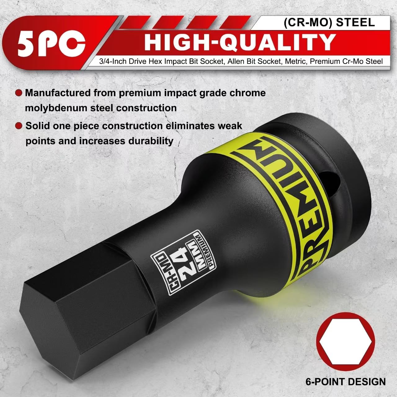 3/4" Drive Impact Hex Bit Socket Set, Metric,14mm, 17mm, 19mm, 22mm, 24mm, Impact Allen Bit Socket, Cr-Mo Steel, One-Piece Construction, 5-Pieces