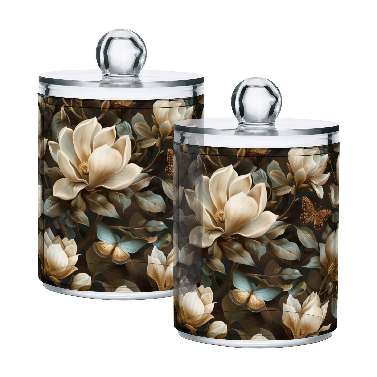 Msyxl 4 Pack Magnolia Flowers Apothecary Jars with Lid, Qtip Holder Storage Containers for Cotton Ball, Swabs, Pads, Clear Plastic Canisters for Bathroom Vanity Organization (10 Oz)