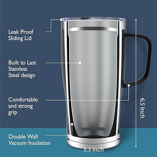 Miniatura 3 de Taza de café de viaje, vaso aislado con asa y tapa, apto para vasos, apto para lavavajillas, acero inoxidable, taza de café aislada con tapa y asa