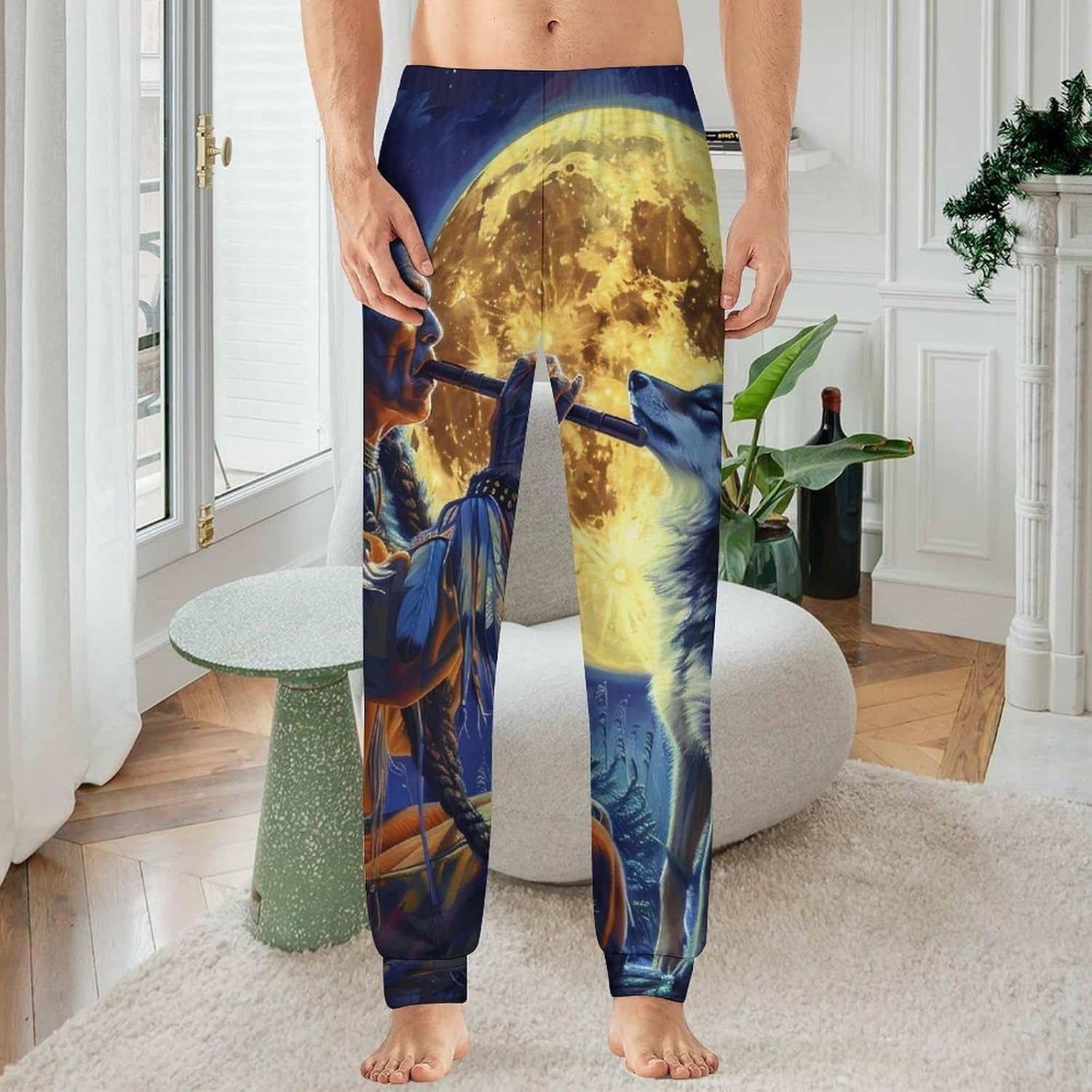 Tribal Wolf Song Native American Mens Pajama Pant Soft Sleep Pants Loungewaer Casual Pj Bottoms