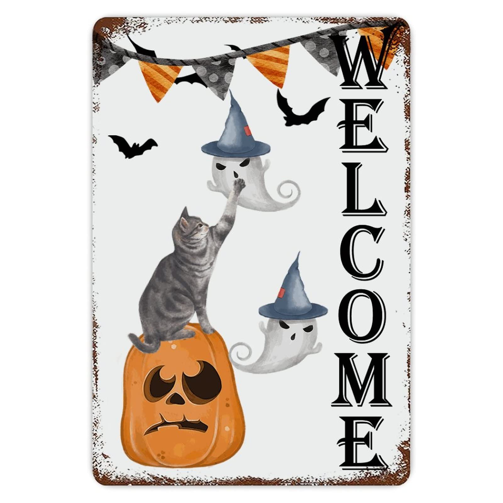 ENEDNATE Farmhouse Man Cave Metal Sign Welcome Halloween Cat Pumpkin Ghost Retro Aluminum Tin Metal Signs for Indoor & Outdoor Yard Office Kitchen Living Room Door Home Décor 8x12 Inch