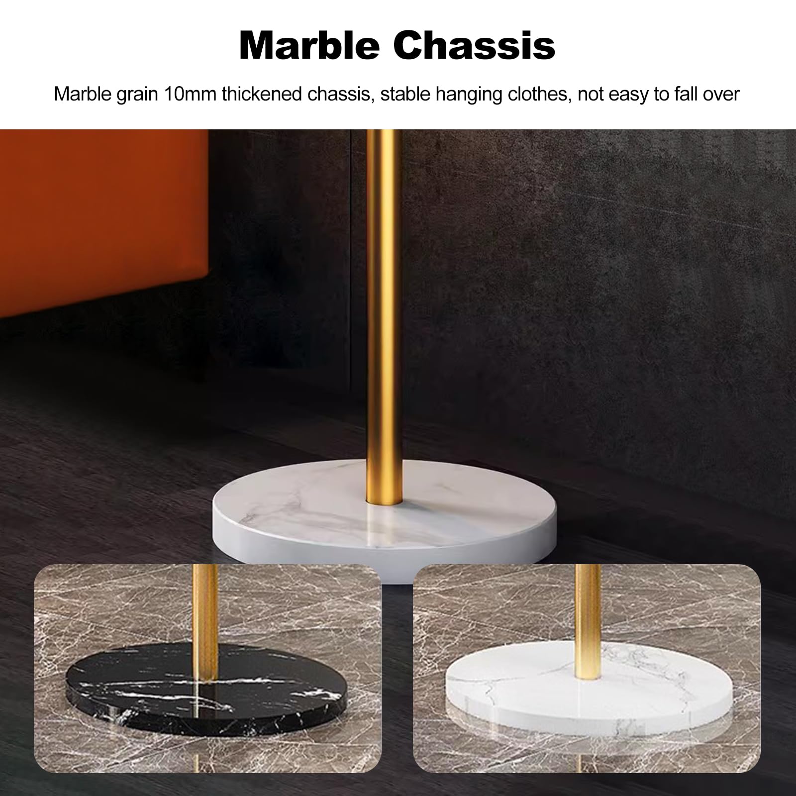 Appendiabiti Da Terra In Metallo Con Base In Marmo Naturale – 8 Ganci Neri – Per Cappotti E Borse – Design Moderno