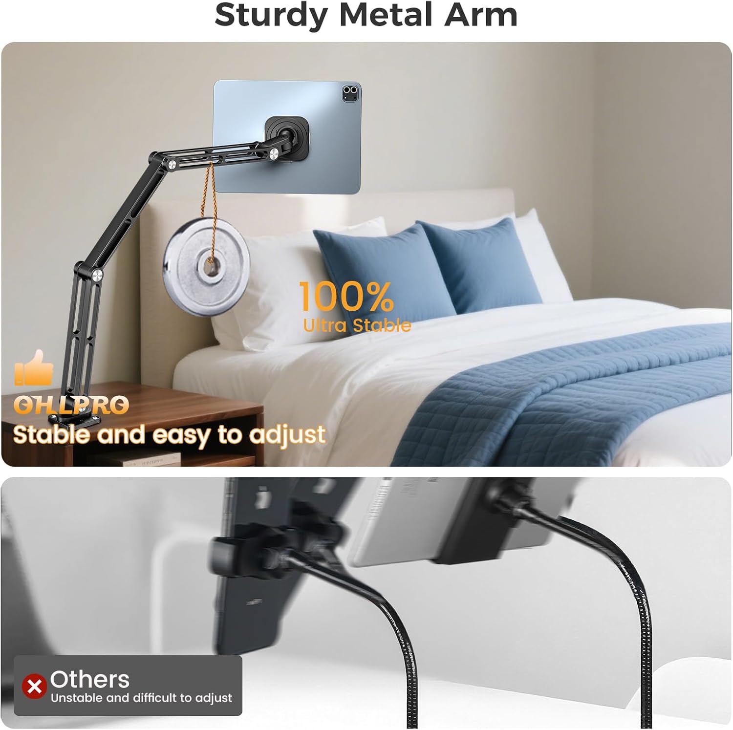 OHLPRO Magnetic Tablet Wall Mount iPad Aluminum Holder - 360° Adjustable & Extendable 3-Stage Metal Arm, Universal Heavy Duty Metal Stand for Kitchen, Office, Bedroom