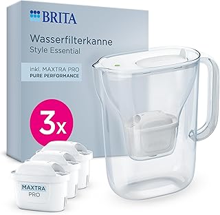 BRITA Wasserfilter Kanne Style Essential weiß (2,4l) inkl. 3x BRITA MAXTRA PRO Pure Performance – Kühlschrankgeeignete Kanne mit Smart Light LED & Klapp-Deckel, filtert Verunreinigungen & mehr