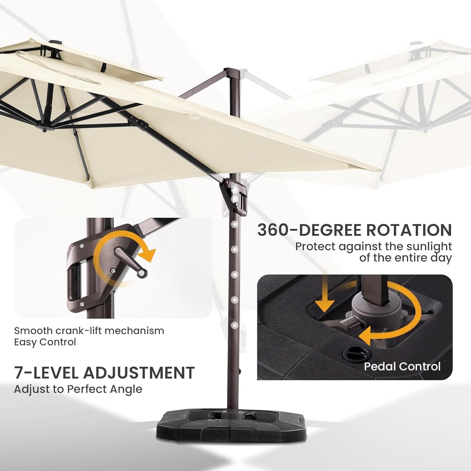 10x10 FT Cantilever Patio Umbrella with Base Included Double Top Outdoor Square Large Heavy Duty Aluminum Offset Umbrellas with 7 Level Tilt 360-degree Rotation for Pool Garden Deck,Beige