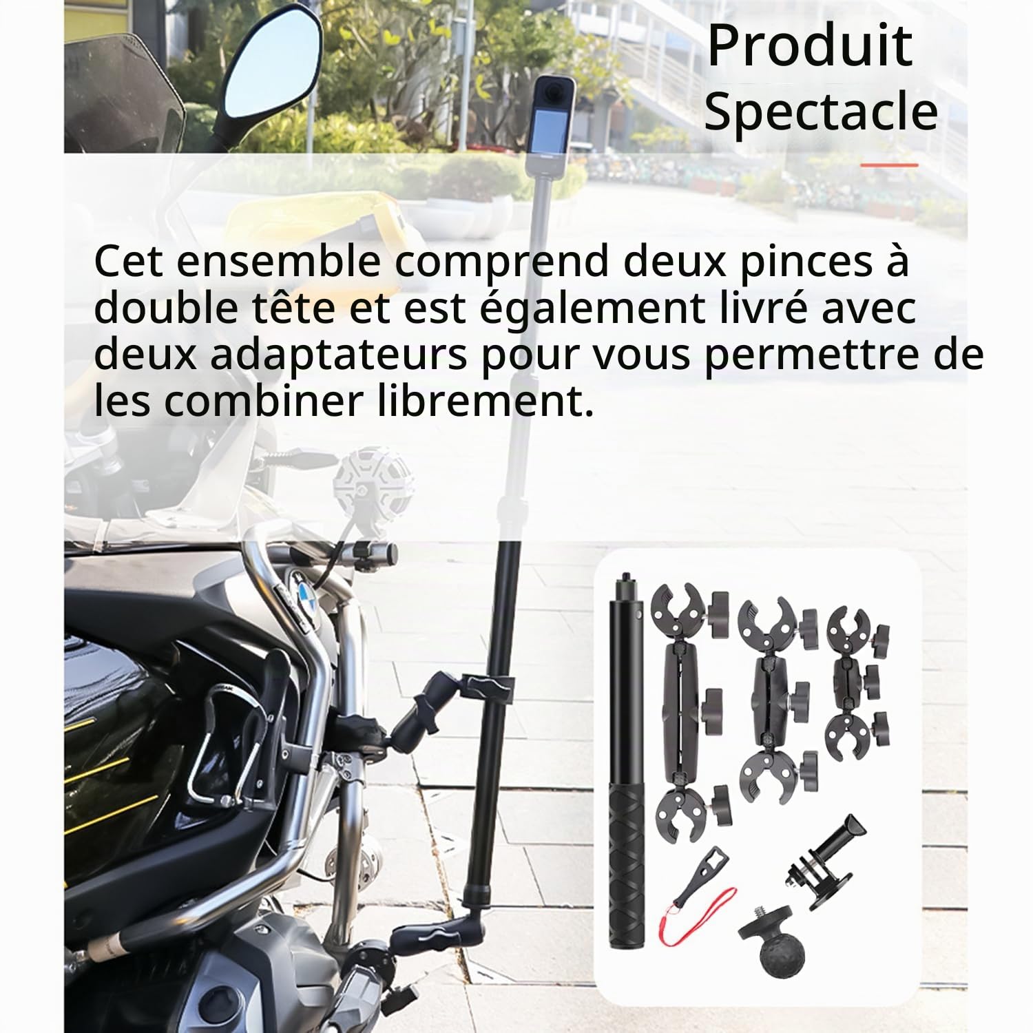 Perche pour Insta 360 x4,Camera Moto 360,Accessoires pour Insta 360 x4,Rotation à 360 Degrés,Double Pince,Aluminium,Double Stabilité,pour Insta360 x5,x4,x3,x2,pour One RS,pour Ace,Ace Pro