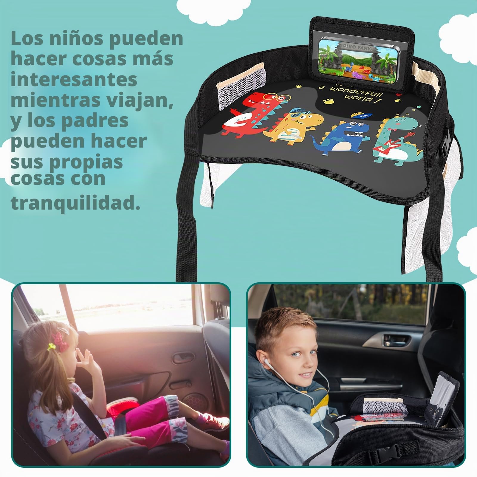 Bandeja para las Rodillas para Niños, Mesa de Viaje, Asiento de Coche Con Bolsillos de Red, para Juego y Comedor