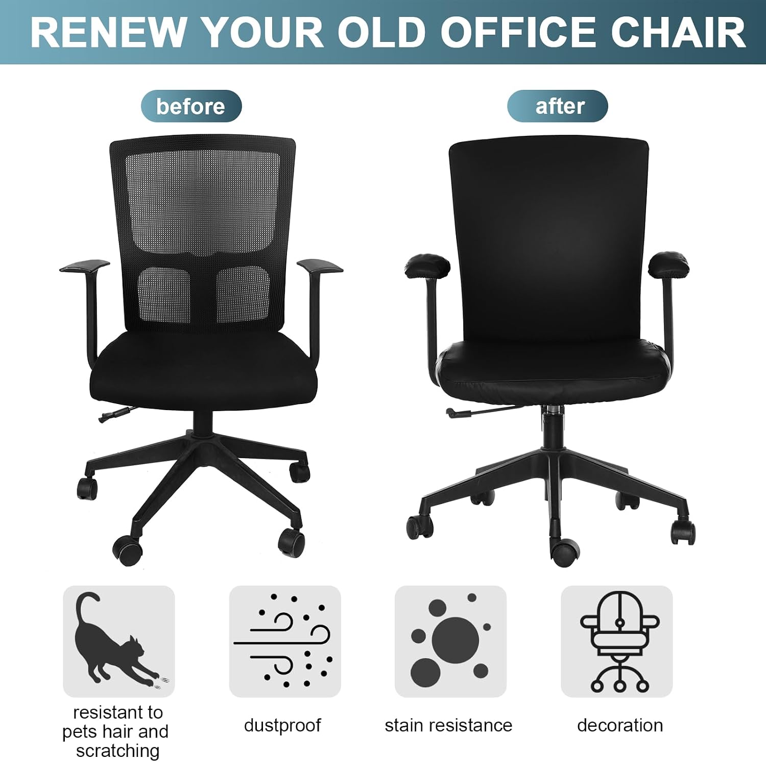 Tallew 4 Pcs Office Chair Covers PU Leather Office Desk Accessories Universal Computer Chairs Cover Stretchable Protective Chair Seat Covers Desk Armrest Cover Slipcovers Rotating Backrest (Black)