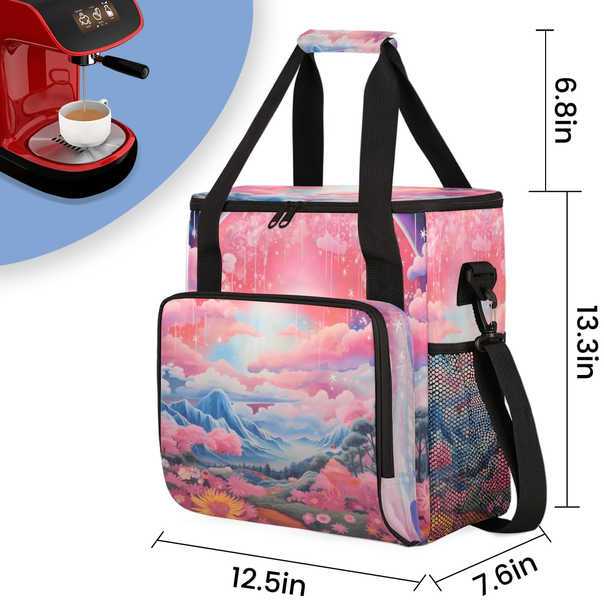 Rainbow Flowers Coffee Maker Carrying Bag, Portable Travel Storage Tote Bag Compatible with K-Mini or K-Mini Plus, Single Serve Coffee Brewer Carrying Case with Multiple Pockets & Shoulder Strap
