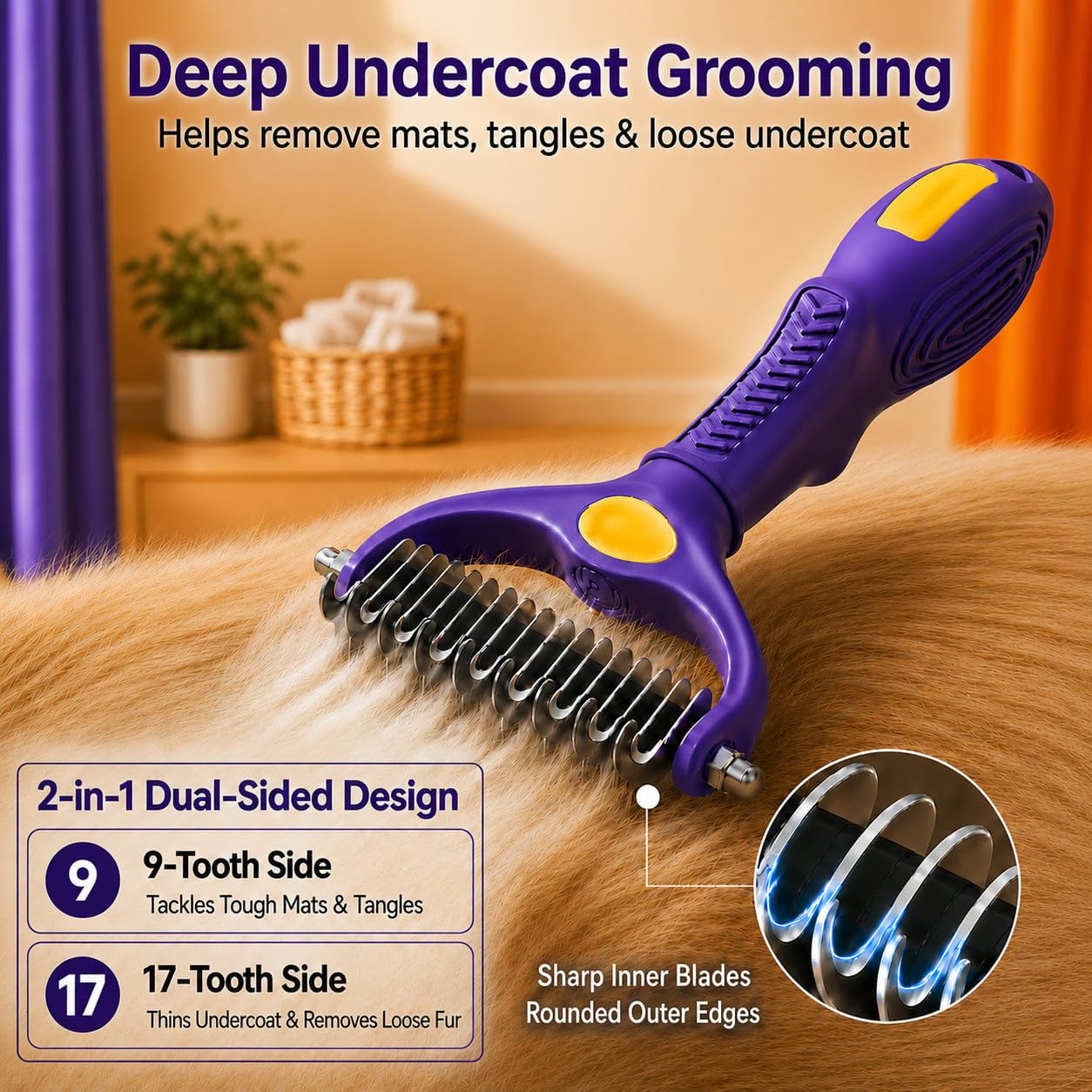 Deshedding Dog Brush, Dog Grooming Kit for Dogs & Cats | Purple 2-piece dog grooming kit with a dual-sided detangler brush and metal comb for tangles, mats, loose fur, and undercoat.