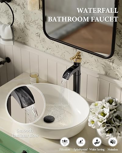 Miniatura 2 de Homevacious Grifo de lavabo de recipiente negro y dorado, grifo de baño de cascada de un solo agujero, grifo de lavabo de cuerpo alto con drenaje
