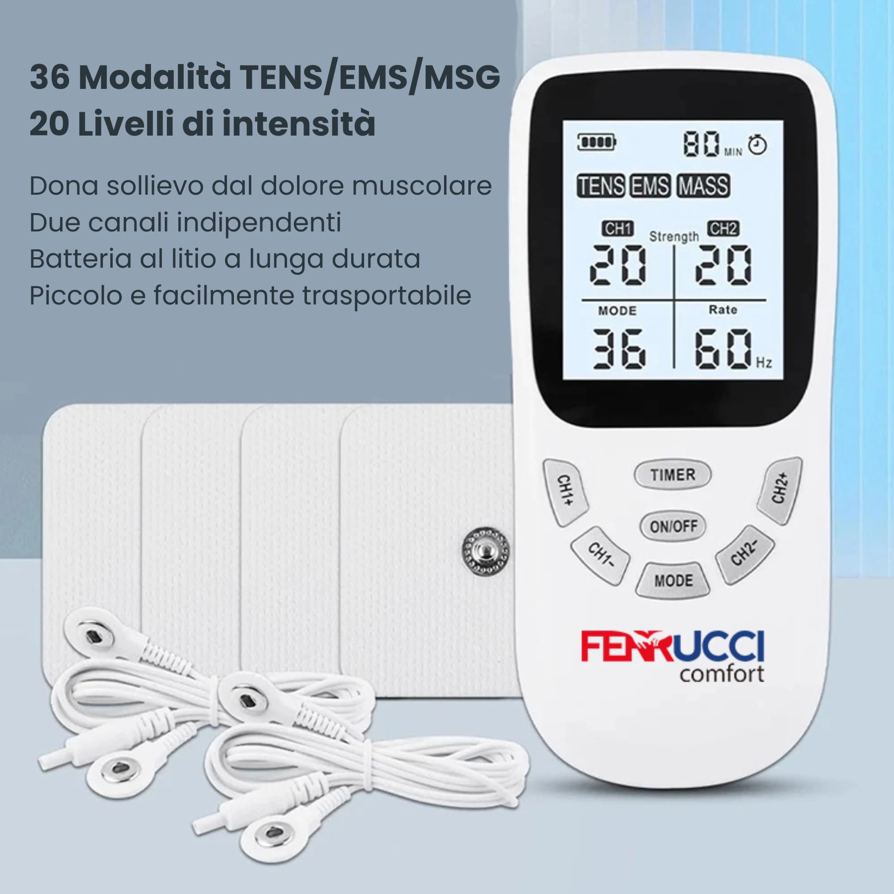 Elettrostimolatore Muscolare TENS, EMS, Massaggiatore 3-in-1, 4 Pads Inclusi, per Sollievo dal Dolore, Relax, 36 mobalità, 20 livelli di intensità, Trattamento Schiena, Collo, Articolazioni, Sciatica