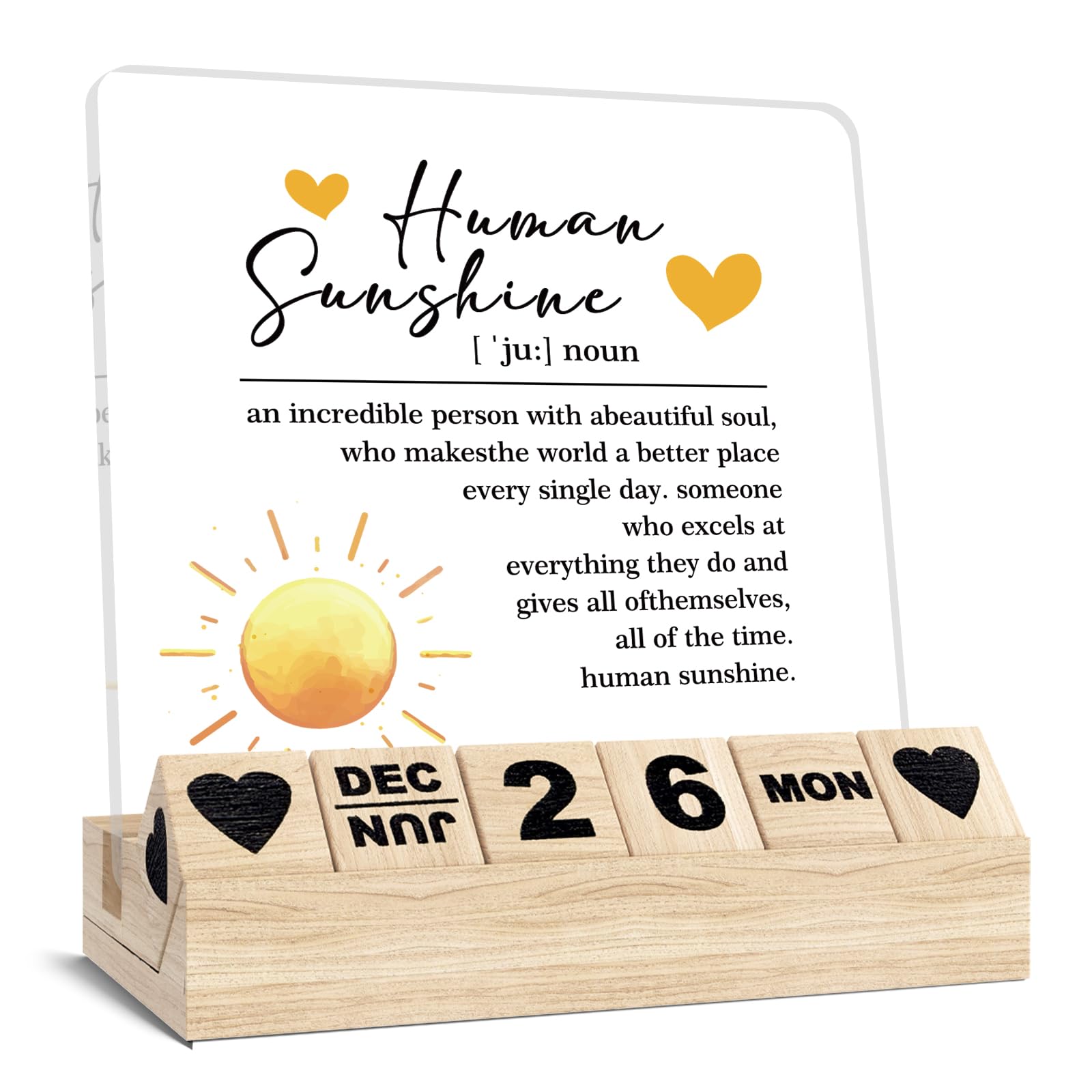Human Sunshine Inspirational Gifts - Appreciation Wooden Block Calendar, Motivational Thank You Gifts for Coworkers Women Man, Boss Office Desk Decor, Employee Coach Mentor Desk Sign