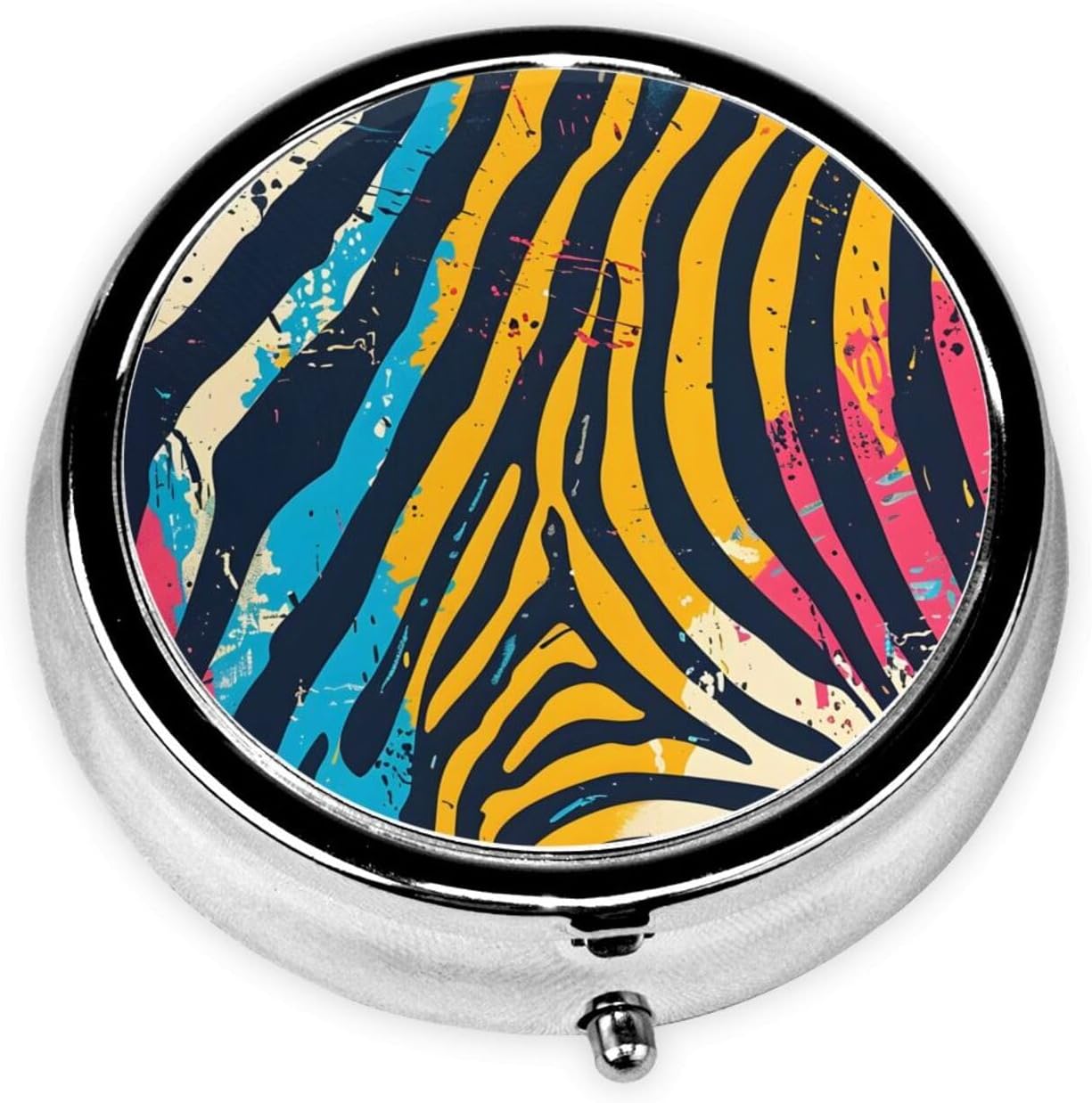 Colorful Zebra Textures Pill Box Portable Mini Round Pill Case 3 Compartment Small Pill Organizer for Pocket Purse Decorative Travel Pill Container to Hold Vitamin Medicine Fish Oil Supplement