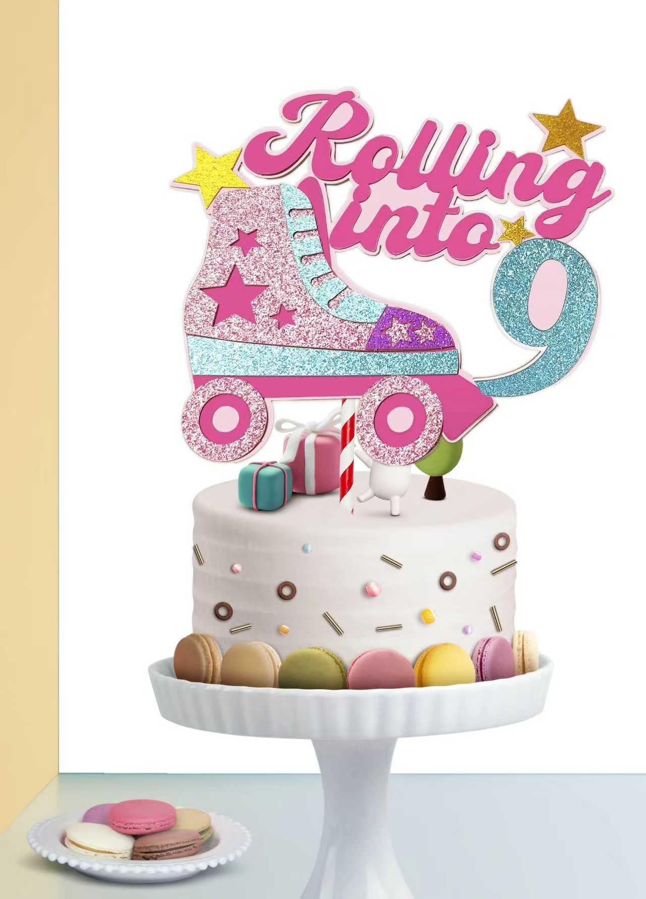 Rolling into 9th Theme Cake Toppers Happy 9th Birthday Cake Topper 9-year-old Birthday Decorations for Girls Roller Skate Birthday Party Cake Topper