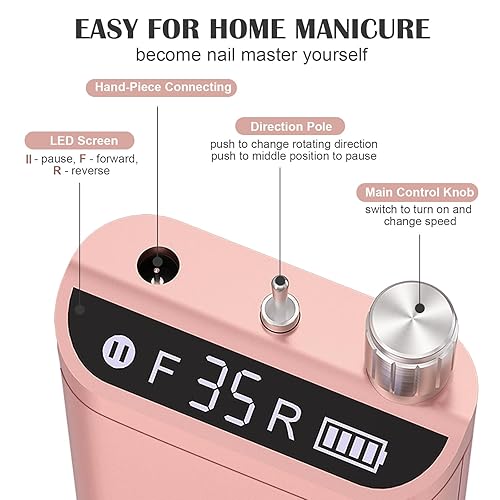 Miniatura 6 de Kredioo Taladro de uñas, taladro de uñas para uñas acrílicas profesionales, máquina de archivo eléctrica de 35000 RPM, recargable, portátil, con 10