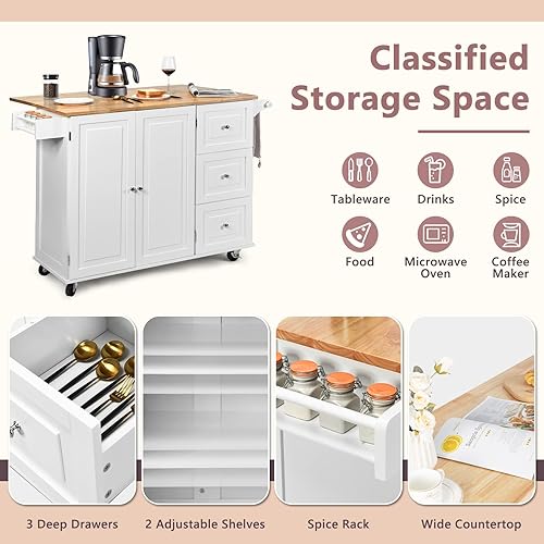 Miniatura 6 de LOKO Carrito de isla de cocina con hoja caída, isla de cocina rodante sobre ruedas con encimera de madera de goma, toallero, cajones, isla de cocina