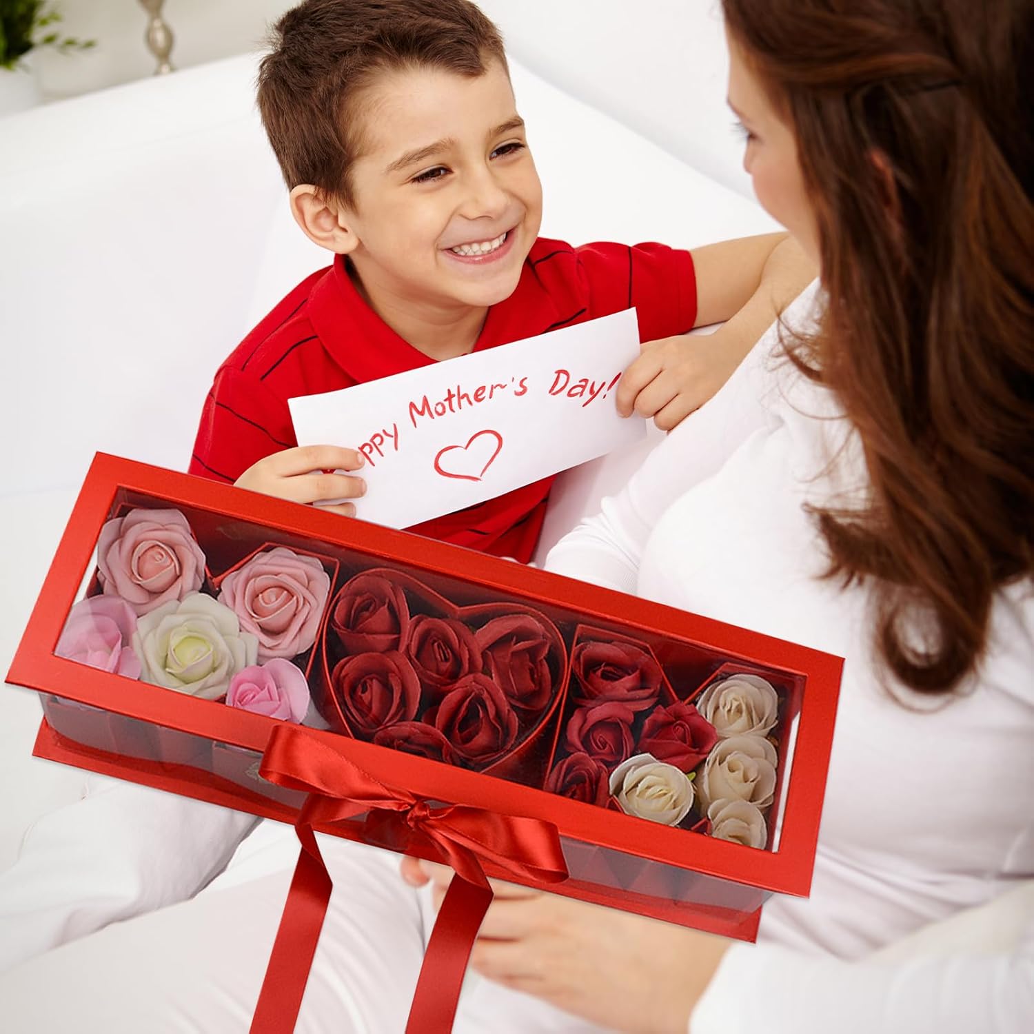 Empty Mother's Day Flower Box: MOM Letters Shaped Fillable Cardboard Boxes with Ribbon and Lid for Mothers Birthday, Valentine's Day, Christmas, Roses Chocolate Jewelry Packaging, DIY Bouquet (Red)