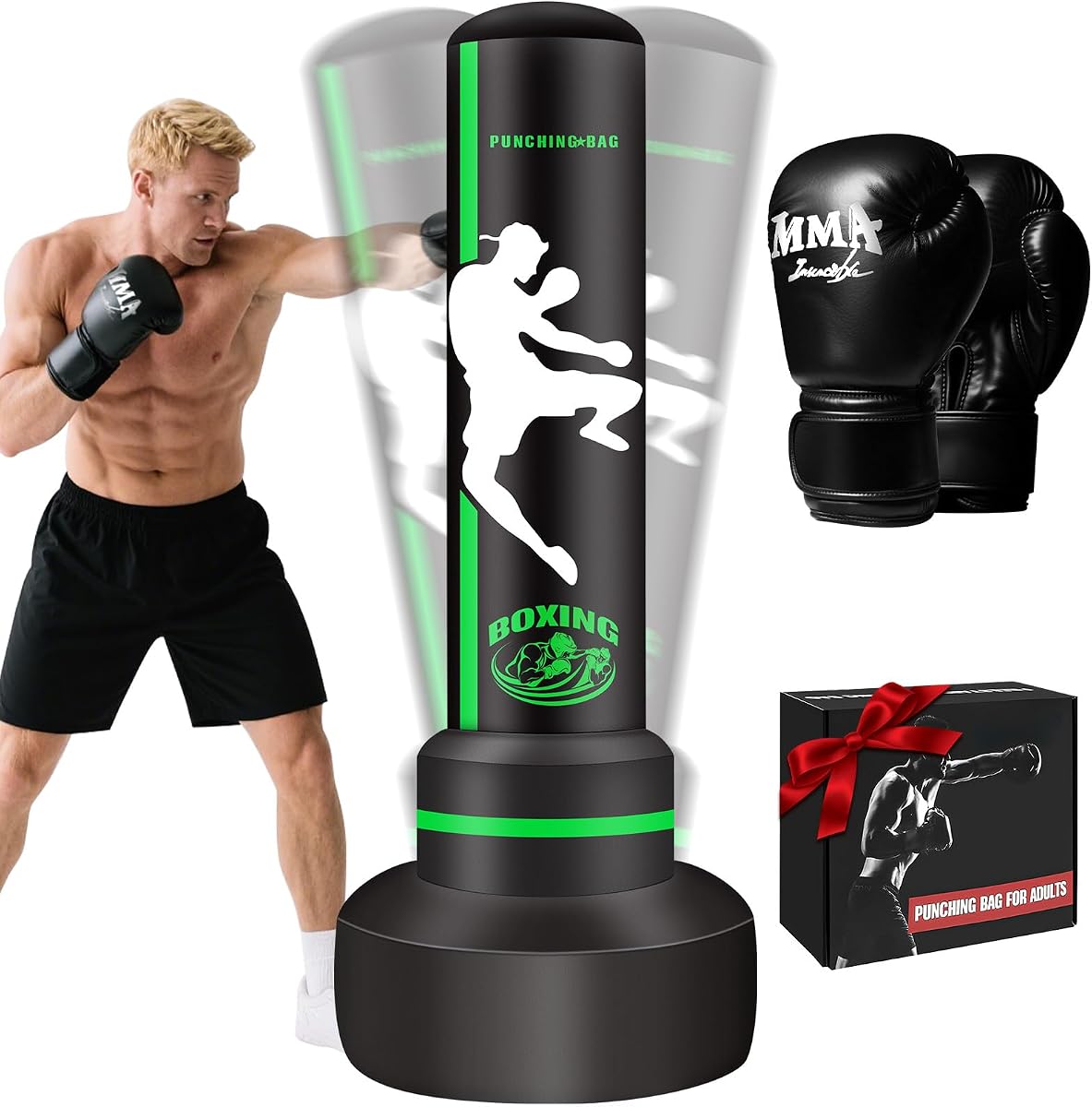 Saco de boxeo pesado para adultos y adolescentes, saco de boxeo de pie con guantes