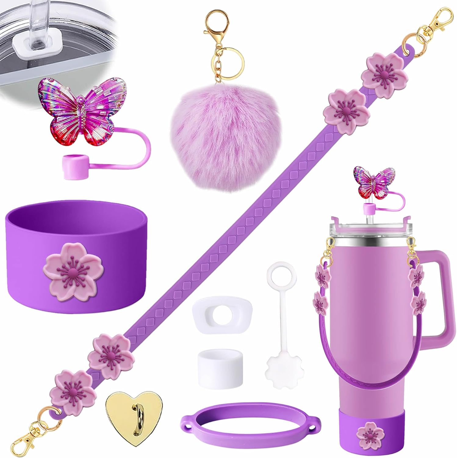 9pcs/set Cute Stanley Cup Accessories Set Including Adjustable Water Bottle Handle Strap, Silicone Boot, Silicone Straw Topper Cover, Anti-spill plug, Cute Charms,no cup (purple)