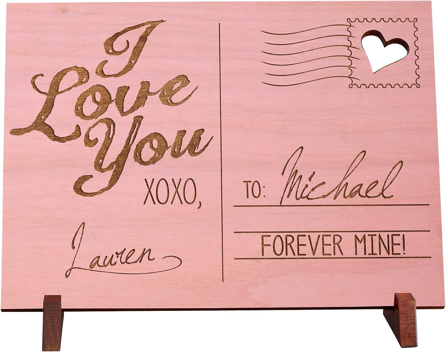Personalization Universe Sending Love Wood Postcard with Custom Message for Valentine's Day, Personalized Keepsake with Stand, Unique Valentine's Day Gift - Pink Maple
