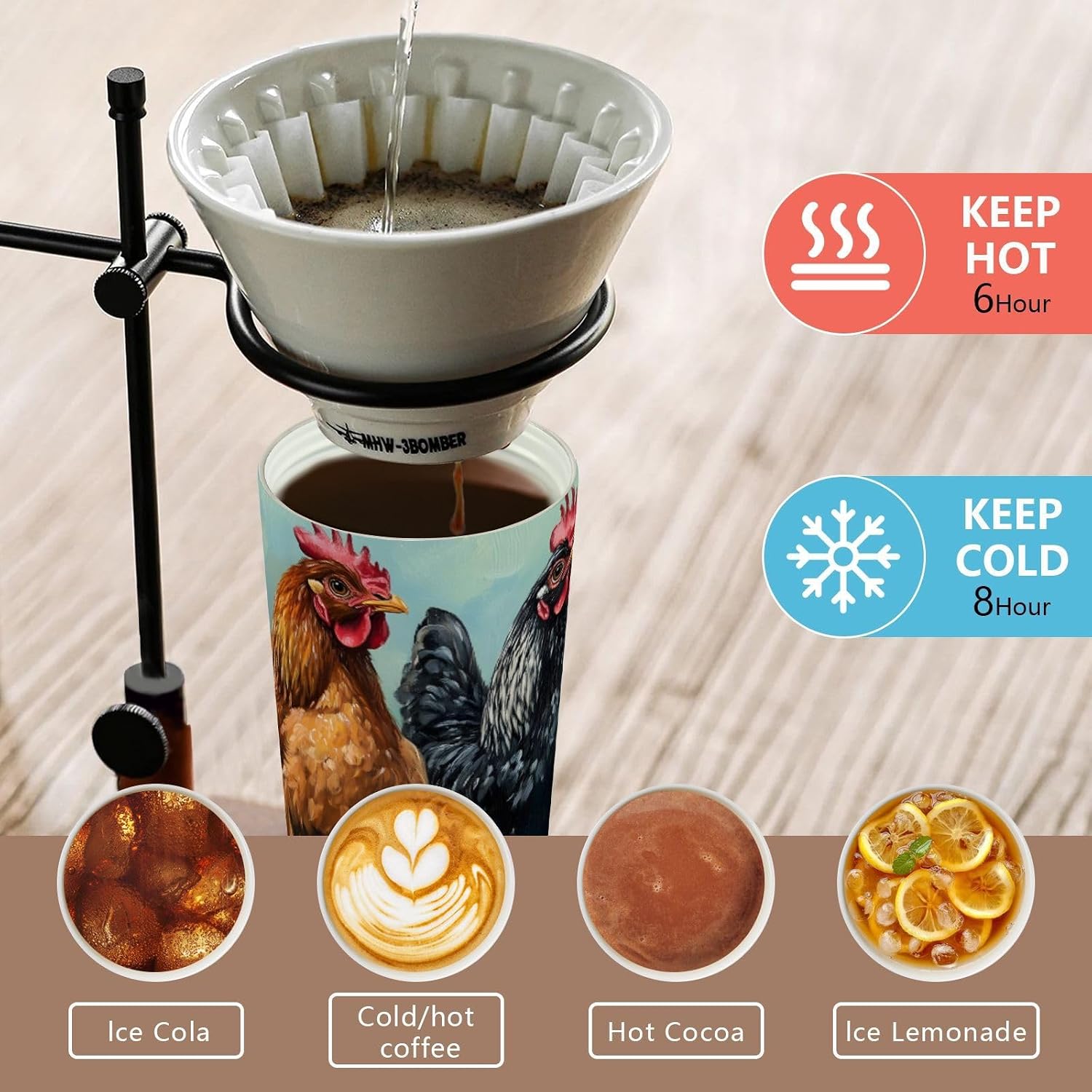 Chickens Rooster Fence Insulated Coffee Mug with Straw & Flip Lid, 16.9oz Iced Tumbler Cup, Double Wall Vacuum Mug for Travel Office