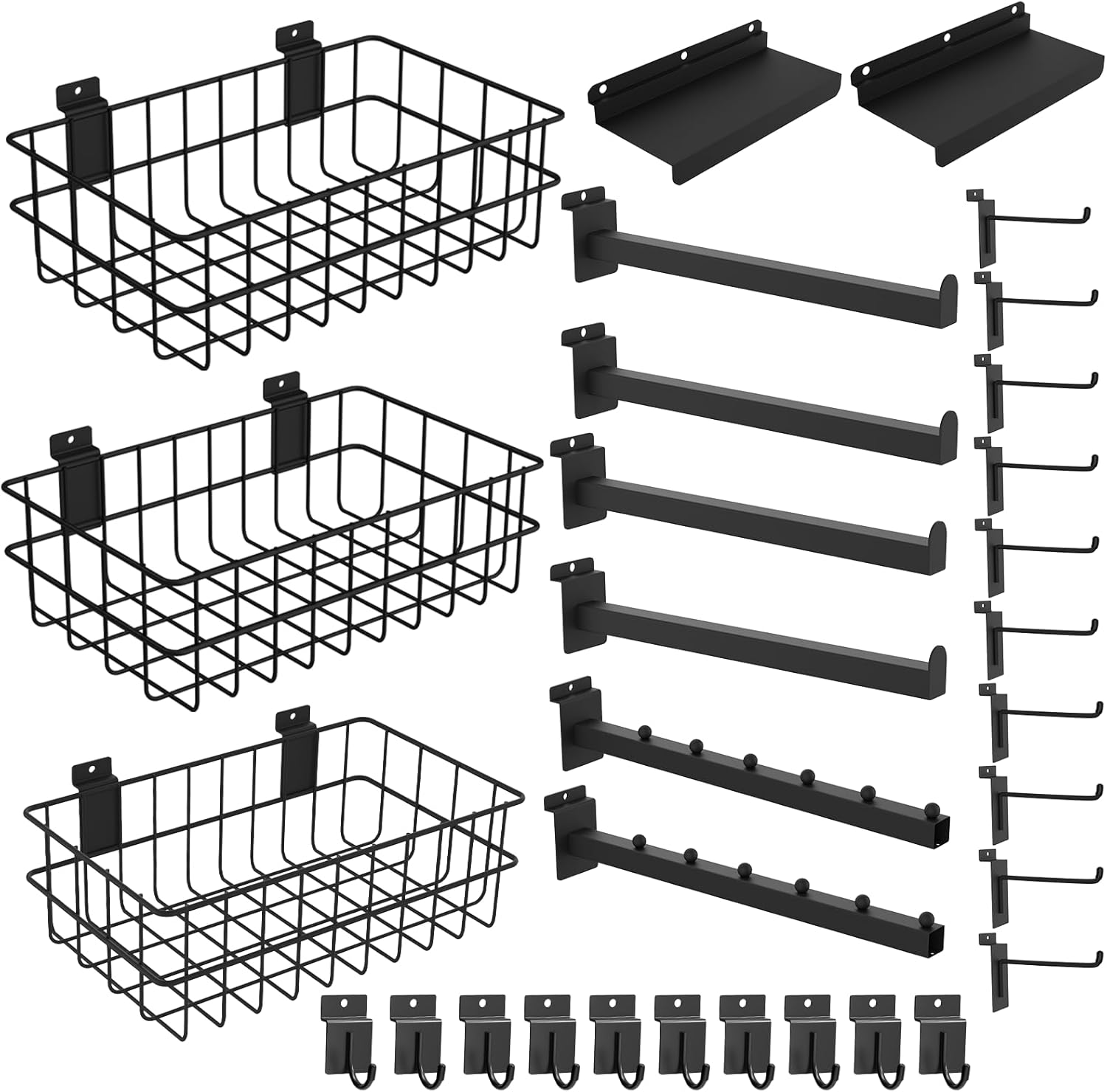 31 PCS Slatwall Accessories Kit with 3PCS Baskets, 2PCS Shelves, 4PCS Shelf Bracket, 2PCS Waterfall Hooks, 20PCS Hooks, Heavy Duty Slatwall Accessories for Garages, Stores and Workshops
