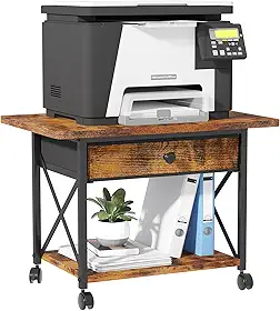 EasyCom Suporte para impressora sob a mesa de 59,9 cm x 39,9 cm com gaveta de armazenamento, prateleira de 2 camadas, mesa de impressora de mesa para mesa com rodas, carrinho de rodinhas grande para