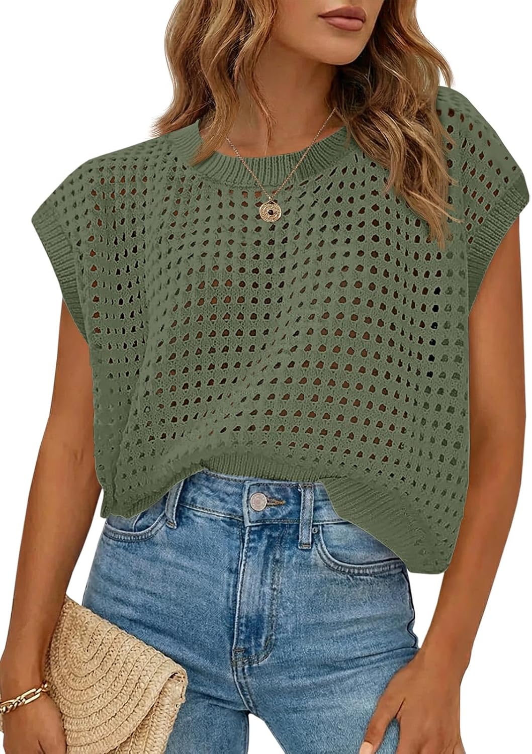 Saodimallsu Womens Crochet Sweaters Summer Cap Sleeve Knit Tops Lightweight Crewneck Beach Vacation Clothes