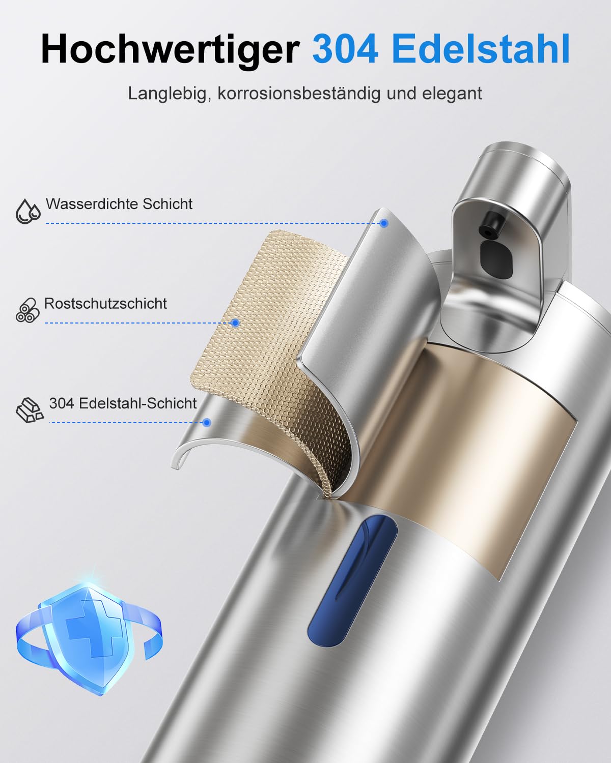 Fachixy Automatyczny dozownik mydła ze stali nierdzewnej, bezdotykowy czujnik, USB-C, akumulator 2000 mAh, 3 poziomy dozowania, 340 ml, IPX4, do łazienki, kuchni i toalety, srebrny