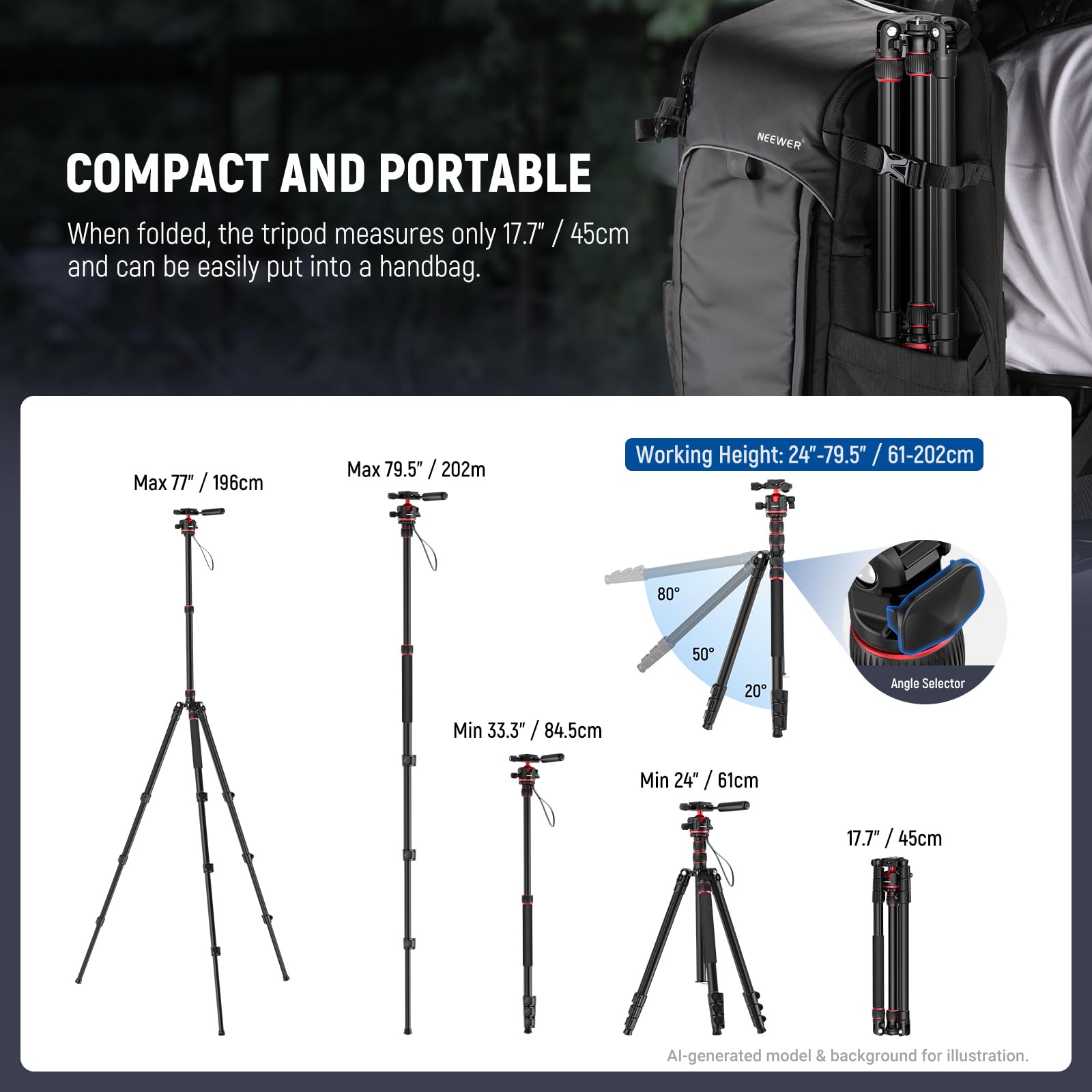 NEEWER Basics TP08 - Trípode para cámara réflex Digital (77", Cabezal esférico de 360°, Cabezal de Bola de 360°, Placa de liberación rápida, Eje Central invertido y 2 paños de Limpieza, Carga máxima